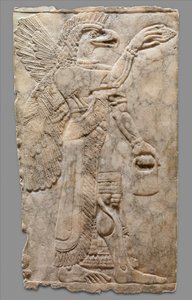 Relieffpanel av overnaturlig figur med bevinget ørnhode, ca. 883-59 f.Kr. (gipsalabast)